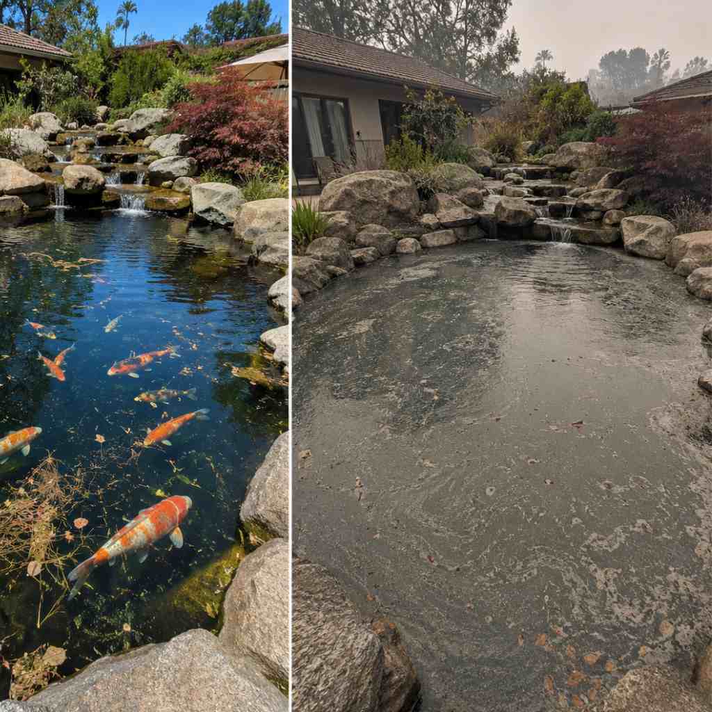 Comparison showing skimmable leaf debris floating on clear pond water versus dissolved wildfire ash discoloring pond water beneath the surface