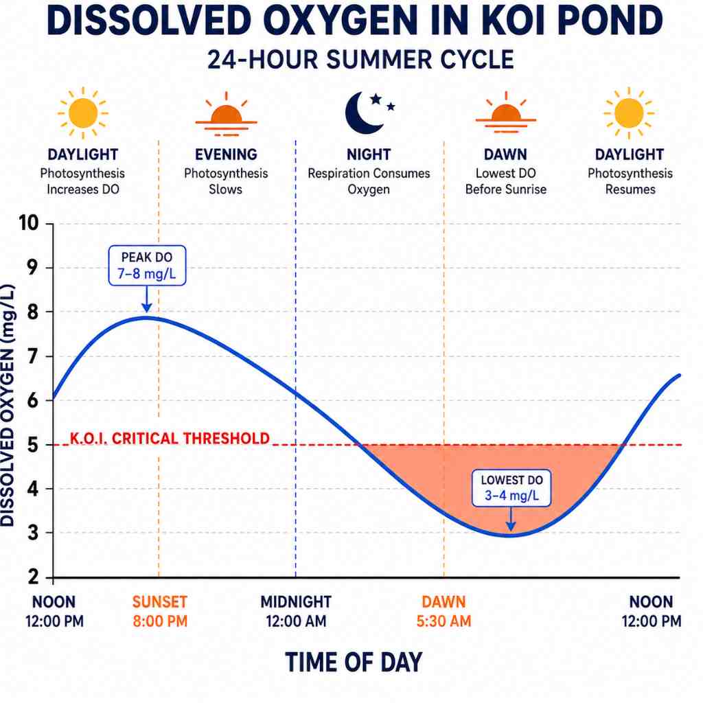 Line graph showing pond dissolved oxygen peaking in afternoon and dropping below the 5 mg/L critical threshold between midnight and dawn