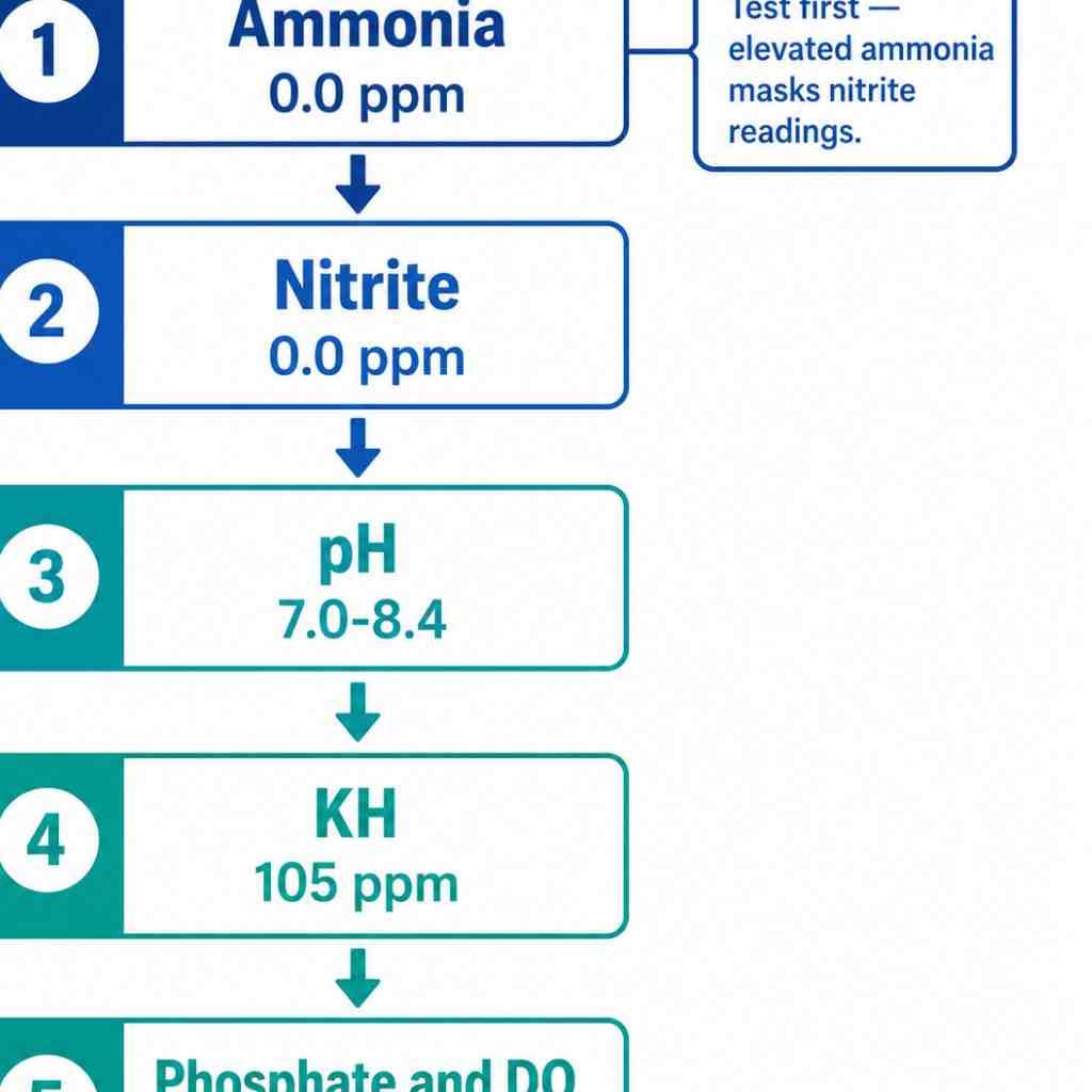 Flow chart showing pond water testing order from ammonia to nitrite to pH to KH to seasonal phosphate and dissolved oxygen with target values