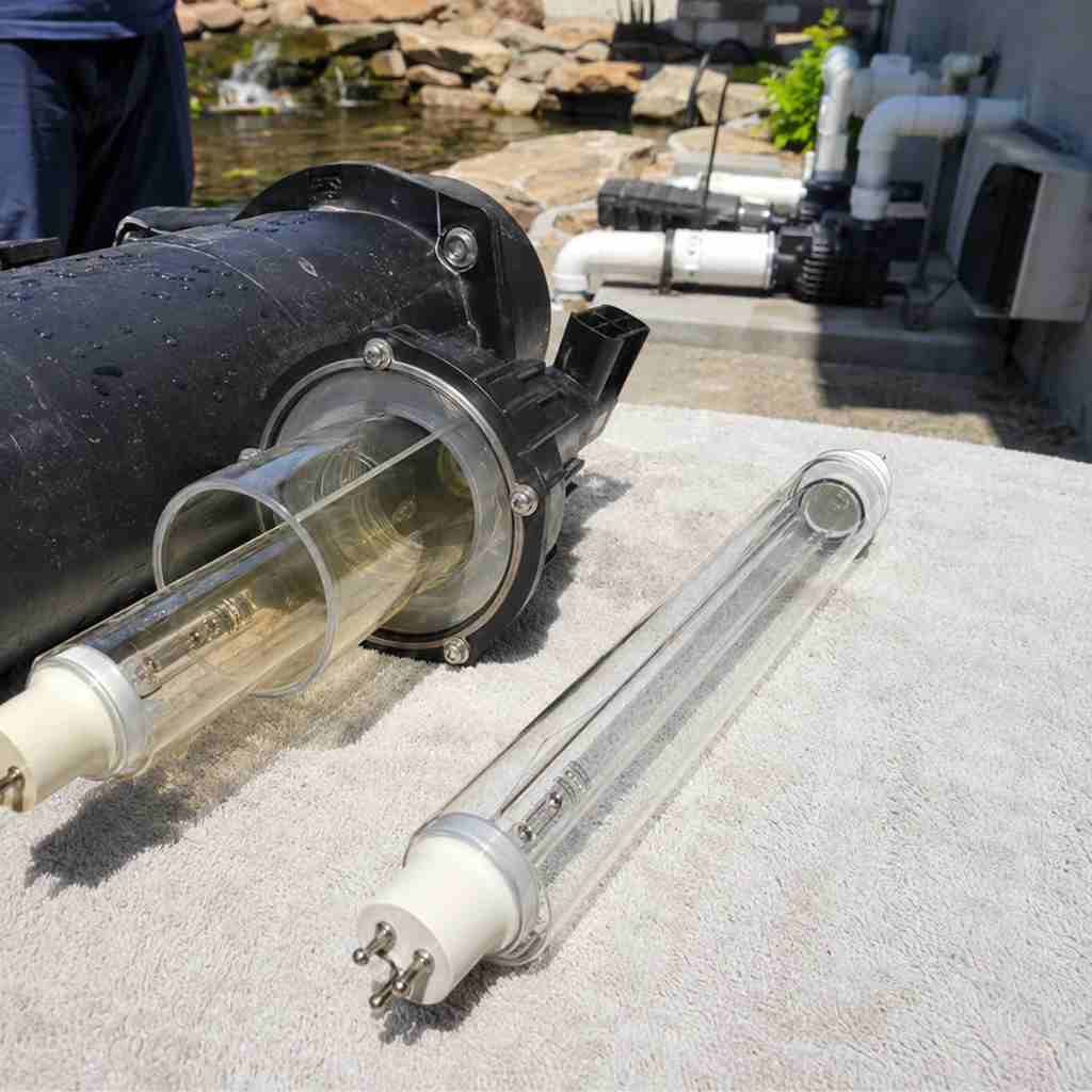Pond UV clarifier opened for inspection showing aged bulb alongside new replacement bulb on equipment pad